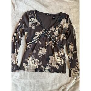 Vintage Y2K Axcess Liz Claiborne Floral Mesh Long Sleeve Top Brown Cream V Neck